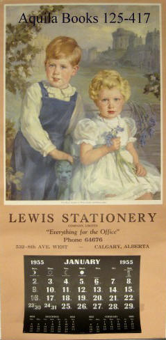 'Everything for the Office Company Limited' 1955 January Calendar 532- 8th Ave West, Calgary, Alberta. Phone 64676. Depicting an Image of Their Royal Highnesses, Prince Charles and Princess Anne As Children. Limited Lewis Stationary Company